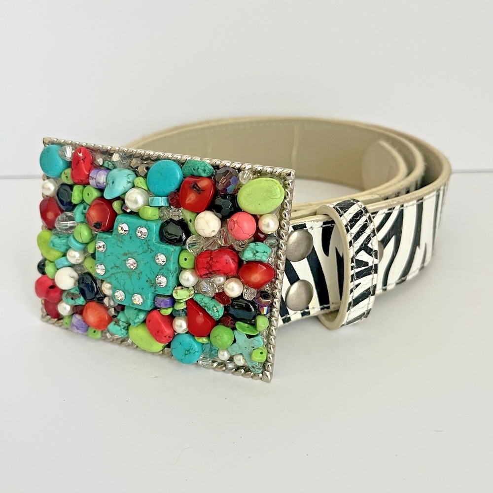Vera Pelle zebra print bling stone cross buckle belt 47" genuine leather